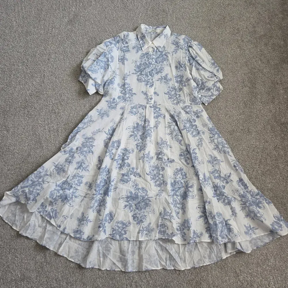 NWOT Romantic Blue Floral Linen-Cotton Midi Shirt Dress - Breezy & Chic - Picture 5 of 6